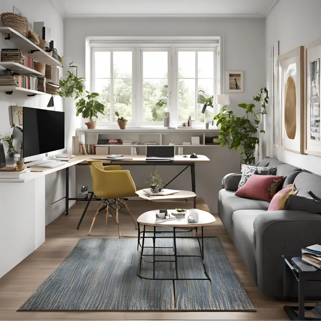 Small living room with open floor plan — Living Room with a Workspace